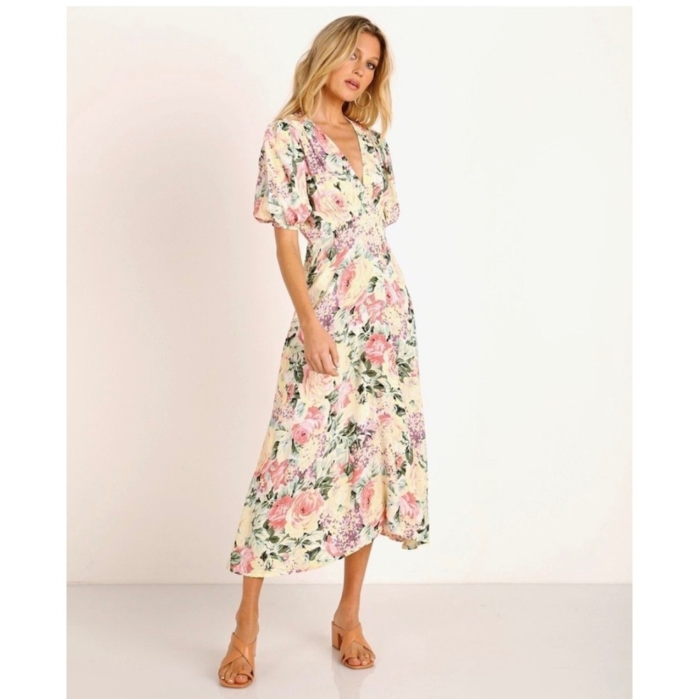 NEW Faithfull The Brand Midi Dress Yellow Venissa Floral 6 Medium Puff Vittoria